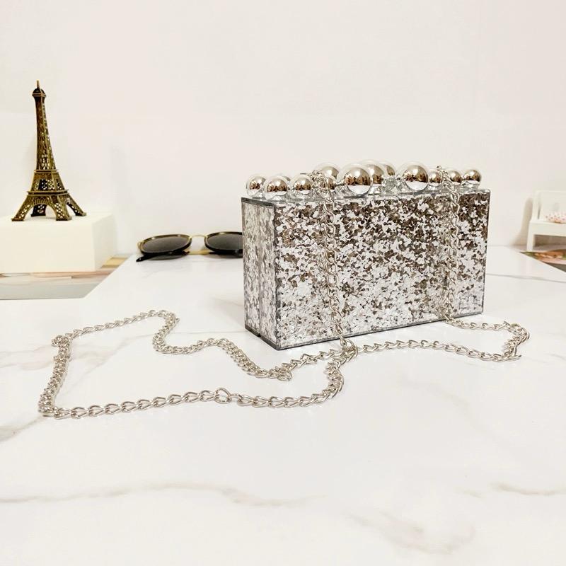 Silver Marble Texture Glittery Clutch Bag