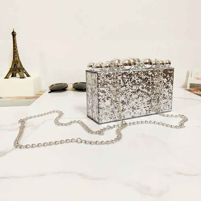 Silver Marble Texture Glittery Clutch Bag