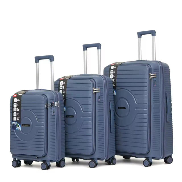 Blue PP+PC front opening 3pcs trolley set
