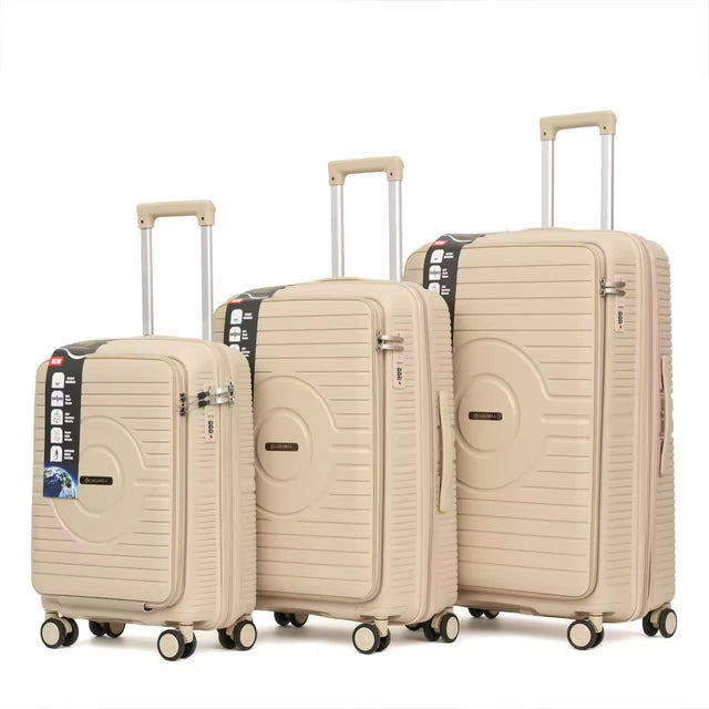 Beige PP+PC front opening 3pcs trolley set