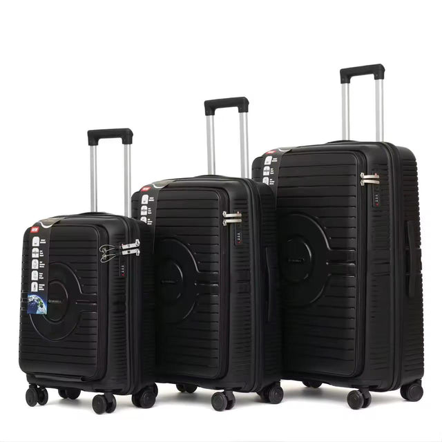 Black PP+PC front opening 3pcs trolley set
