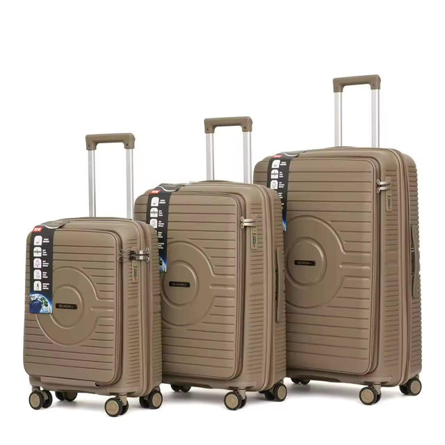 Brown PP+PC front opening 3pcs trolley set